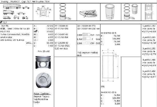 MOTOR SEGMANI 61353000 STD 73,7 DV4 TED FIESTA 1.4TDCİ P206 307 C3 1.4 HDI-16V resmi