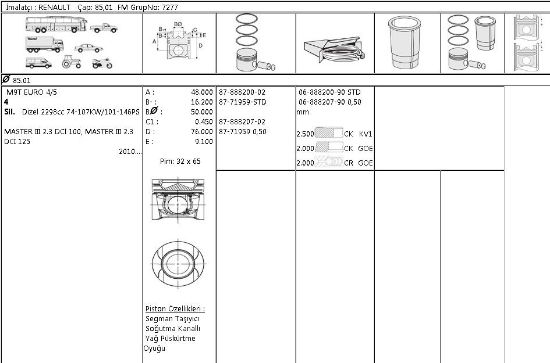 MOTOR SEGMANI 68882009 STD 85,00MM MASTER-III 2.3 10-> M9T EURO 4 EURO 5 MOTOR resmi