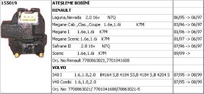 BOBİN (BEYAZ SOKET) 155019 LAGUNA 2.0-16V N7Q SAĞ S40 resmi